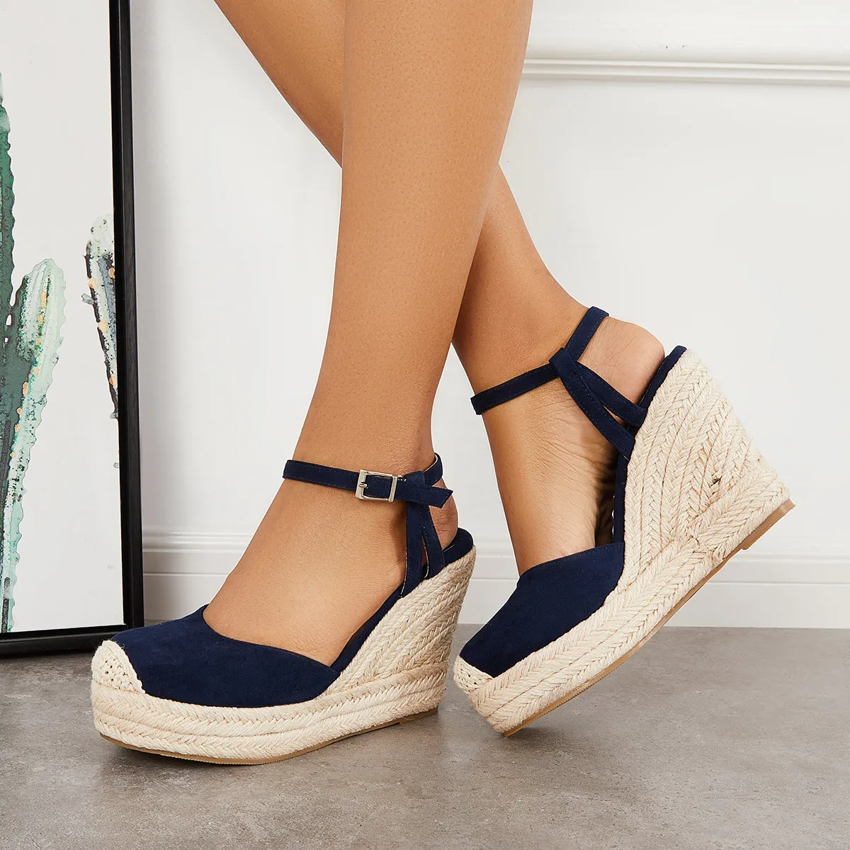 Sohiwoo Women Closed Toe Espadrille Platform Wedges Ankle Strap Slingback Sandals