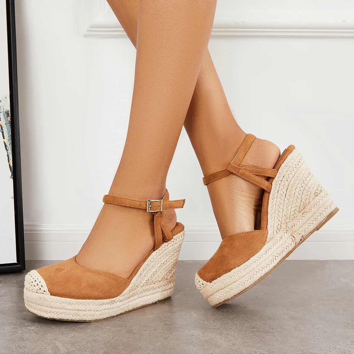 Sohiwoo Women Closed Toe Espadrille Platform Wedges Ankle Strap Slingback Sandals